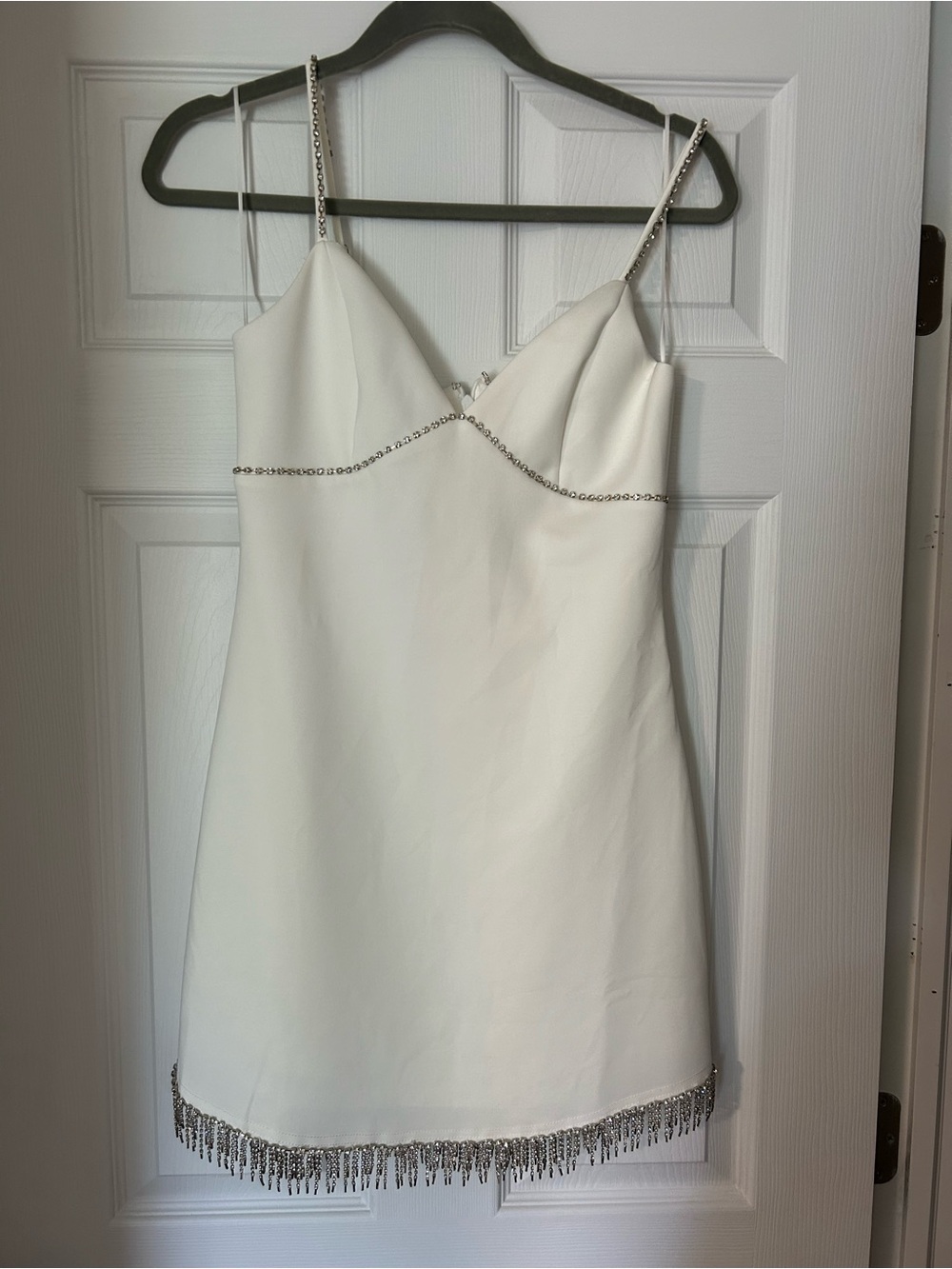 White Crystal-Trim Spaghetti Strap Mini Dress